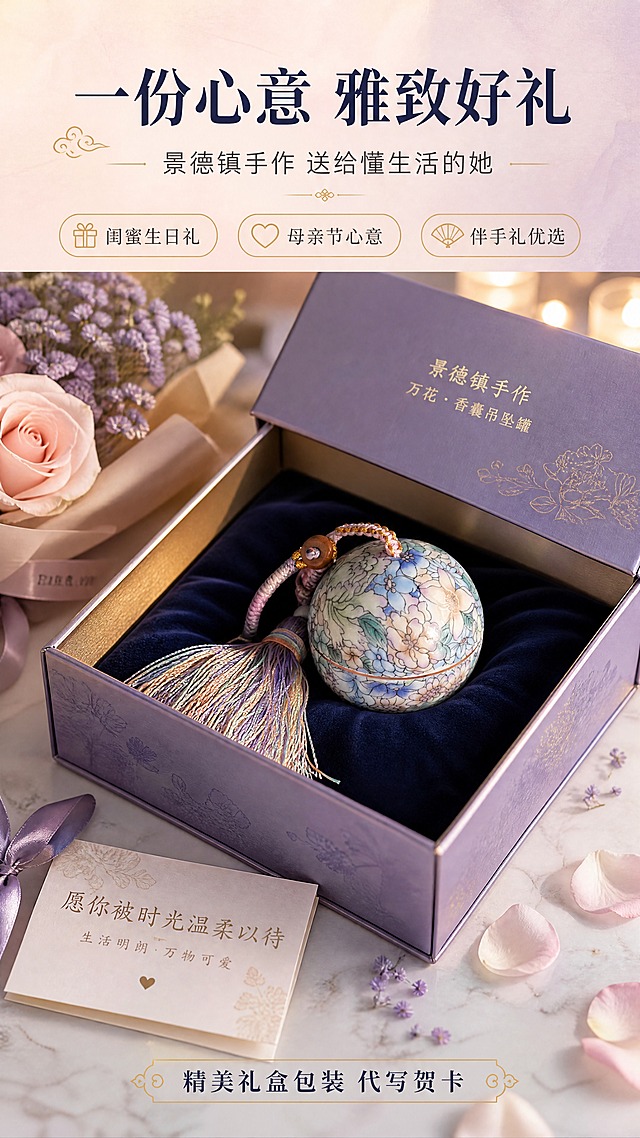 [商品] 使用【图1】景德镇手绘万花陶瓷香囊吊坠罐；保留球形罐体、手绘万花纹样、渐变流苏挂绳；展示礼盒包装和礼赠场景；商品处理：保留全部外观纹样和颜色，搭配精美礼盒包装，营造送礼氛围感。
[画面] 页面目标：礼赠场景，突出作为伴手礼的心意与仪式感。构图：居中礼盒打开，陶瓷吊坠置于礼盒内的丝绒衬垫上，旁边放贺卡和干花装饰。产品占画面40%。景别：中景。主体角度：礼盒45度俯视角，盒盖半开，吊坠在盒中居中展示，流苏自然铺展。前中后景：前景散落花瓣和贺卡，中景礼盒+吊坠主体，后景虚化暖光氛围。阅读动线：顶部标题→中部礼盒主体→底部送礼场景文案。
[视觉] 套系策略：风格=国风雅致新中式商业摄影；标题字=宋体衬线粗体；正文字=简洁无衬线体；主色=莫兰迪粉紫蓝；背景延展=基于粉紫蓝做深浅层级、同色渐变和宣纸/大理石质感；强调色=鎏金色，仅用于小面积图标、引线和标签；标题色=深墨蓝；正文色=中暖灰；组件=圆角浅底信息卡、细线引线、中式云纹点缀；光影=暖金色顶光+侧光，礼盒内部有柔和光晕，营造温馨送礼氛围。
[文字] 顶部主标题「一份心意 雅致好礼」，副标题「景德镇手作 送给懂生活的她」；下方3个送礼场景标签：「闺蜜生日礼」「母亲节心意」「伴手礼优选」；底部一行：「精美礼盒包装 代写贺卡」。
[规格] 图片比例9:16竖版，4K分辨率，避免变形、错字、文字过小、冷蓝灰背景、陶瓷颜色改变、礼盒质感廉价。