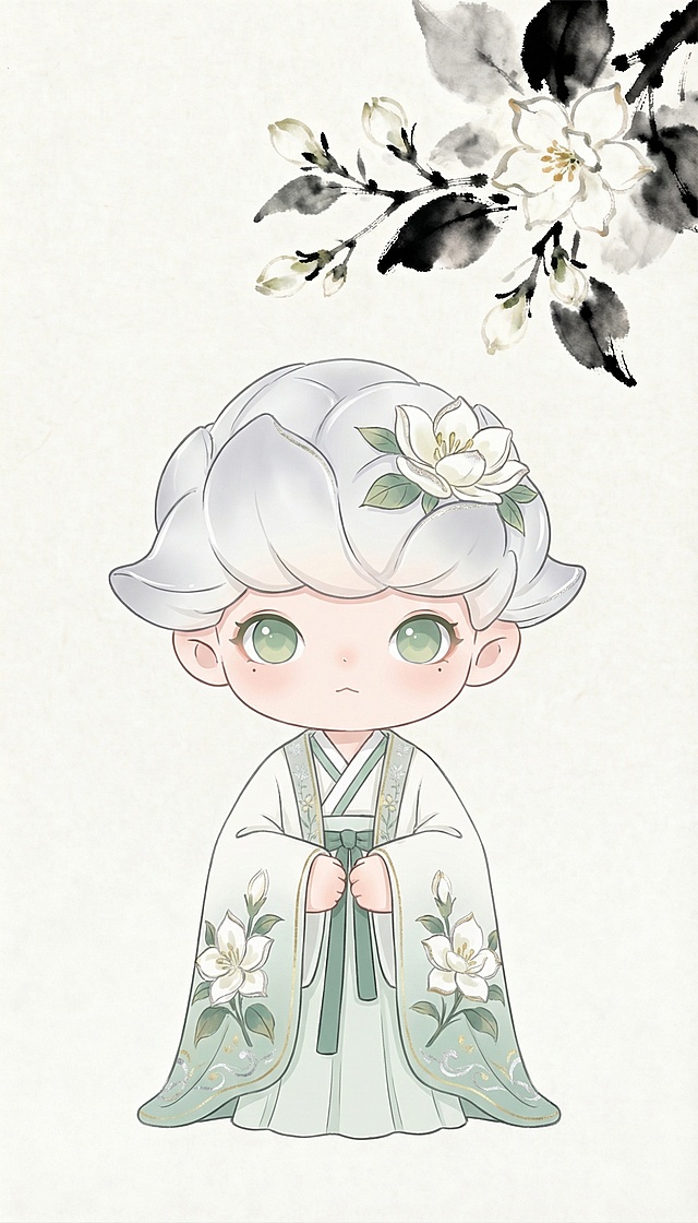 参考这张茉莉仙盲盒，生成纯正面的扁平手绘插画，保持Q版可爱风格，线条干净，配色清新淡雅，突出茉莉元素与中式留白，茉莉造型融入角色头发和服饰