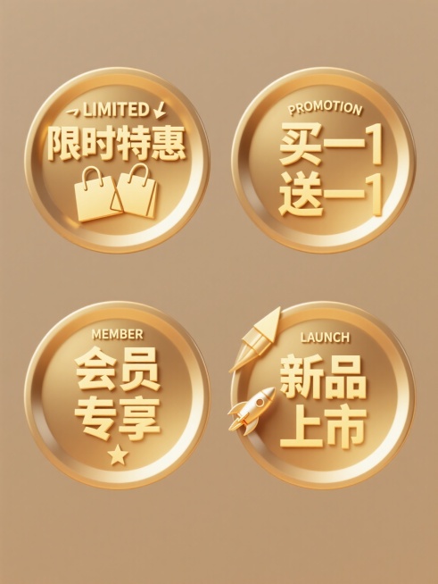 四个金色圆形徽章规整排布于纯色背景上，每个徽章均采用相同的3D金属质感设计，金色渐变色调，高光与阴影细节丰富，边缘有光滑的圆弧处理，内部包含不同的促销主题文字与装饰元素：第一个徽章中心为“限时特惠”四个金色大字，上方有“LIMITED”英文字样，右侧装饰向下箭头；第二个徽章中心为“买一送一”四个金色大字，上方有“PROMOTION”英文字样，左侧装饰两个重叠的购物袋图标；第三个徽章中心为“会员……预览效果