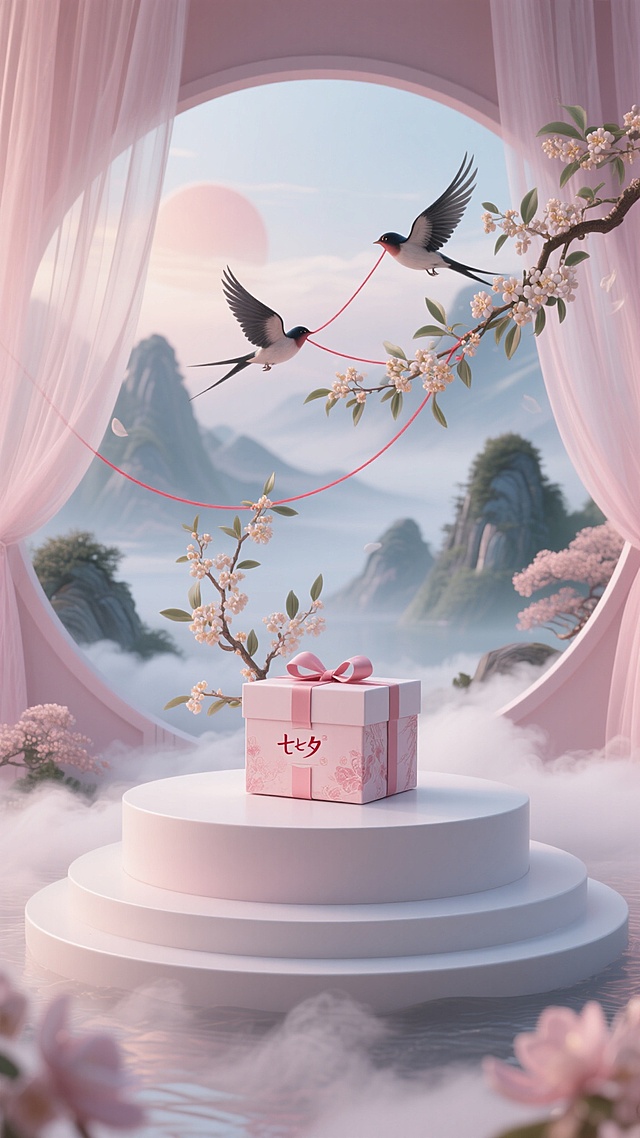 3D半写实粉白展台，轻纱山水背景，飞鸟衔红线绕桂花，七夕限定礼盒置于云雾台
