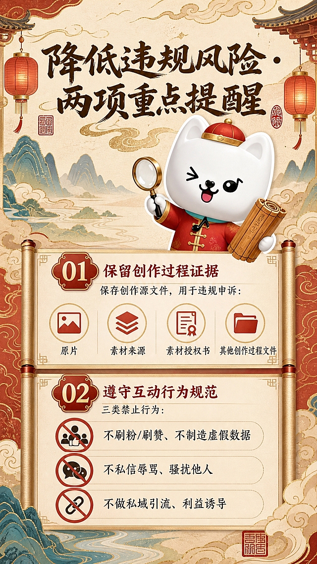 制作一张国潮新中式风竖版科普图，9:16 比例，米金红配色，祥云纹、山水纹、印章、卷轴卡片、宫灯元素，标题用书法感大字，整体大气传统。固定使用吉祥物“哆来咪”白猫IP核心特征：大头小身白色卡通猫、3D柔光贴纸质感、左眼wink、右眼圆睁、吐粉色小舌头微笑、浅青蓝色项圈、项圈中央挂黑色音符吊坠；仅改变服装道具姿态：穿红色小马褂、戴小圆帽，手拿放大镜和竹简书卷，作讲解姿态，强化知识传承讲解属性。全图需完整呈现以下中文文案且不能漏字错字：主标题“降低违规风险・两项重点提醒”；板块一“01 保留创作过程证据”，副句“保存创作源文件，用于违规申诉：”，要点“原片、素材来源、素材授权书、其他创作过程文件”；板块二“02 遵守互动行为规范”，副句“三类禁止行为：”，三个要点“不刷粉/刷赞、不制造虚假数据”、“不私信辱骂、骚扰他人”、“不做私域引流、利益诱导”。