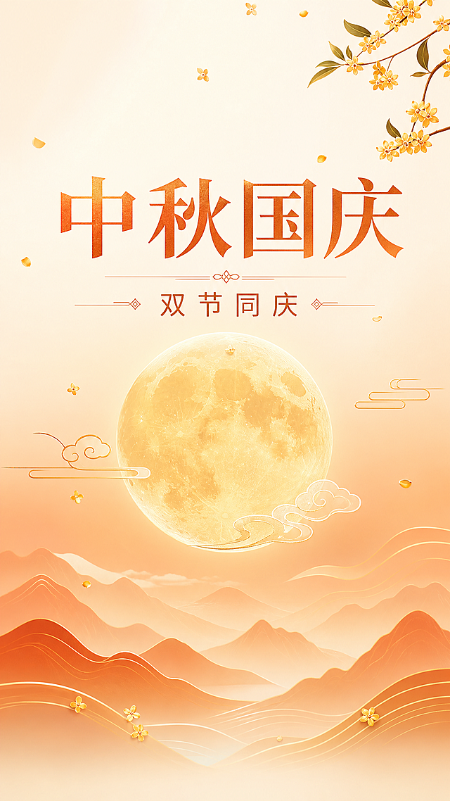 中秋国庆双节同庆封面海报，现代简约国风风格。画面中央一轮金色圆月，周围有简约的祥云线条、桂花花瓣点缀，下方有起伏的山峦剪影。主标题大字"中秋国庆"居中上方，副标题"双节同庆"在下方，字体简洁现代。配色以暖金色、暖橙色、米白色为主，整体氛围温馨大气。背景为浅米色到暖橙色的柔和渐变，光影柔和，干净有层次感。上下留有适当留白。超高清画质，2K分辨率，清晰无杂色，无LOGO，无二维码，无活动时间。版式精美，竖版构图。
