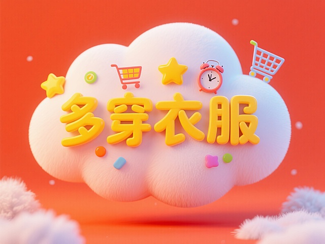 “多穿衣服”充气羽绒服样式字体，字体上装饰黄色星星、购物车、闹钟等彩色小元素，字体亮黄色，背景为明亮的橙红色