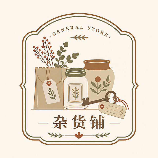 淘宝杂货铺店标，设计简约有内涵，整体风格温馨复古，包含杂货元素，适合作为店铺标识