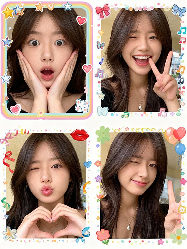 生成一组4张大头贴照片，每张照片都要有不同的表情和动作，动作要夸张，每张图的周边都是大头贴的边框和贴纸装饰，装饰要有完整性