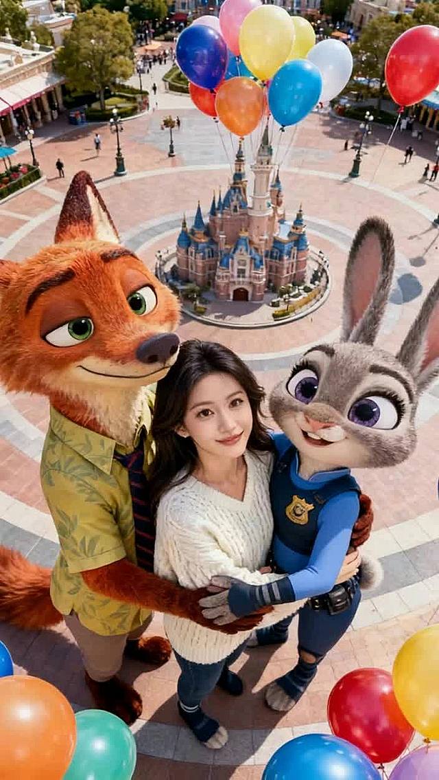 梦幻感与卡通感交织，3D角色风结合虚拟现实技术，营造超现实主义场景。毛发生长风细节精致，充气风气球点缀喜庆氛围，呈现童话乐园的欢乐瞬间。