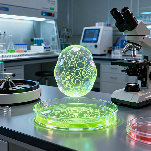 合成生物学人工细胞设计，展示人工设计合成的微生物细胞，现代化学生物实验室场景，科技前沿风格