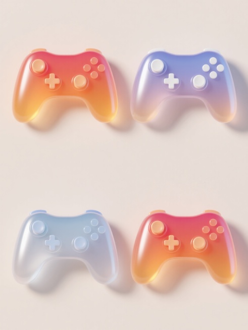 4个游戏手柄元素，上下两行对齐排列，每个手柄拥有独特的渐变配色和材质质感，整体呈现出光滑圆润的3D造型，高光区域明亮耀眼，阴影过渡自然柔和，背景为浅色，手柄表面有通透的果冻质感和细腻的光泽反射，按钮设计简洁立体，整体画面色彩和谐且富有层次感。预览效果