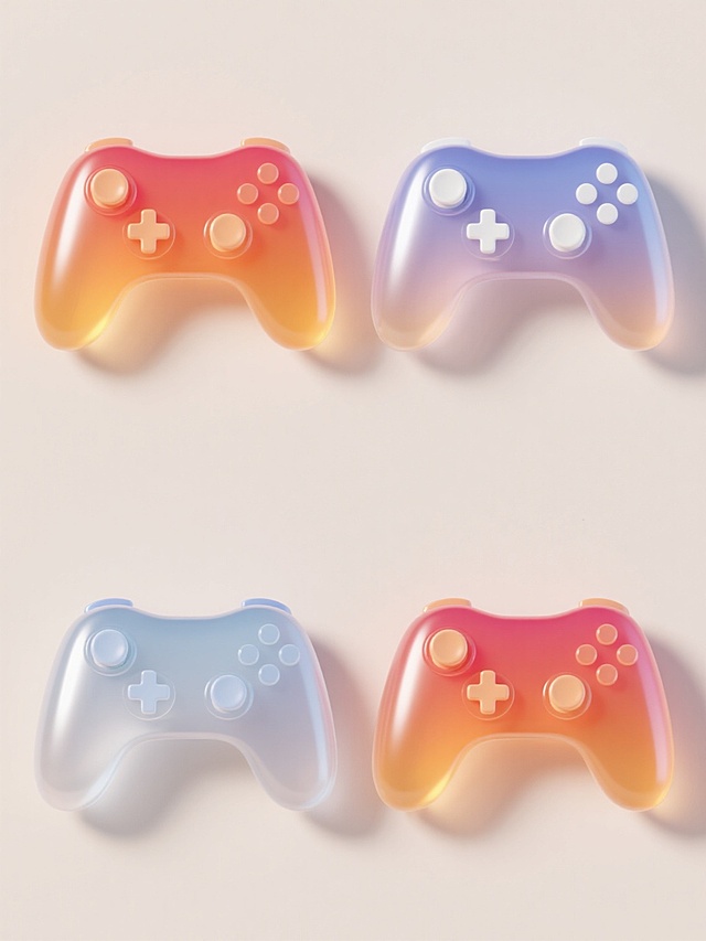 4个游戏手柄元素，上下两行对齐排列，每个手柄拥有独特的渐变配色和材质质感，整体呈现出光滑圆润的3D造型，高光区域明亮耀眼，阴影过渡自然柔和，背景为浅色，手柄表面有通透的果冻质感和细腻的光泽反射，按钮设计简洁立体，整体画面色彩和谐且富有层次感。