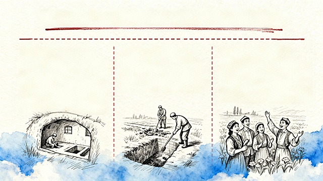 复古质朴的插画风，白描与水彩交融，展现民族生活场景，版画质感勾勒窑洞、劳作与欢歌，传递浓厚乡土情怀。