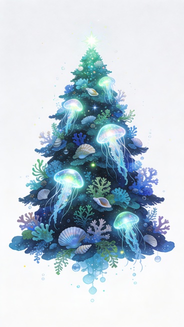 深海世界中，一棵由珊瑚、贝壳和海藻自然生长成的圣诞树，发光水母作为装饰，蓝绿色梦幻光效，水下氛围光，唯美奇幻风格，超高清细节插画，纯色背景突出圣诞树，杰作，高清，32K预览效果