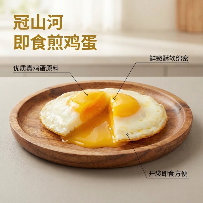 主图主题：冠山河香辣味即食煎鸡蛋核心卖点展示图，氛围风格：自然暖光，食欲感十足，新鲜诱人；画面元素：以完整的煎鸡蛋实物为中心主体，一颗弹嫩流心的切开煎鸡蛋放在木质餐盘上，流心蛋黄缓缓流出，使用极细引线预览效果