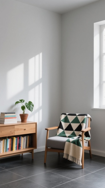 北欧极简风格室内场景，浅灰色墙壁，灰黑色瓷砖地面，右侧有一扇窗户透入柔和的自然光，在墙上形成清晰的光影条纹。画面中央偏右放置一把木质扶手椅，椅上搭着几何图案（黑、白、绿、米色三角形）的流苏毯子。椅子左侧是一个原木色矮柜，柜子上堆叠着几本书，旁边有一盆绿色观叶植物（放在棕色陶盆中），柜子下层书架整齐排列着多本彩色封面书籍。整体色调以灰白为基底，搭配原木色和绿色植物点缀，营造宁静、舒适、整洁的氛围……预览效果