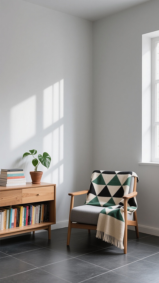 北欧极简风格室内场景，浅灰色墙壁，灰黑色瓷砖地面，右侧有一扇窗户透入柔和的自然光，在墙上形成清晰的光影条纹。画面中央偏右放置一把木质扶手椅，椅上搭着几何图案（黑、白、绿、米色三角形）的流苏毯子。椅子左侧是一个原木色矮柜，柜子上堆叠着几本书，旁边有一盆绿色观叶植物（放在棕色陶盆中），柜子下层书架整齐排列着多本彩色封面书籍。整体色调以灰白为基底，搭配原木色和绿色植物点缀，营造宁静、舒适、整洁的氛围，光线柔和，阴影过渡自然，空间感通透，细节质感清晰。
