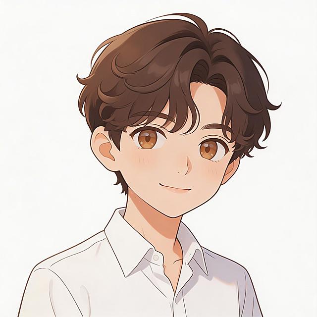 萌系Q版动漫风格，2D，半身头像设定图，纯白色背景。角色为帅气男生形象，五官精致，眼神温柔，发型是韩式微卷刘海，穿着白色衬衫，领口微敞。整体画风是社交媒体网图质感，光影柔和，带有轻微滤镜效果。表情温暖体贴，嘴角带笑。正面视角，无背景干扰，突出人物形象。