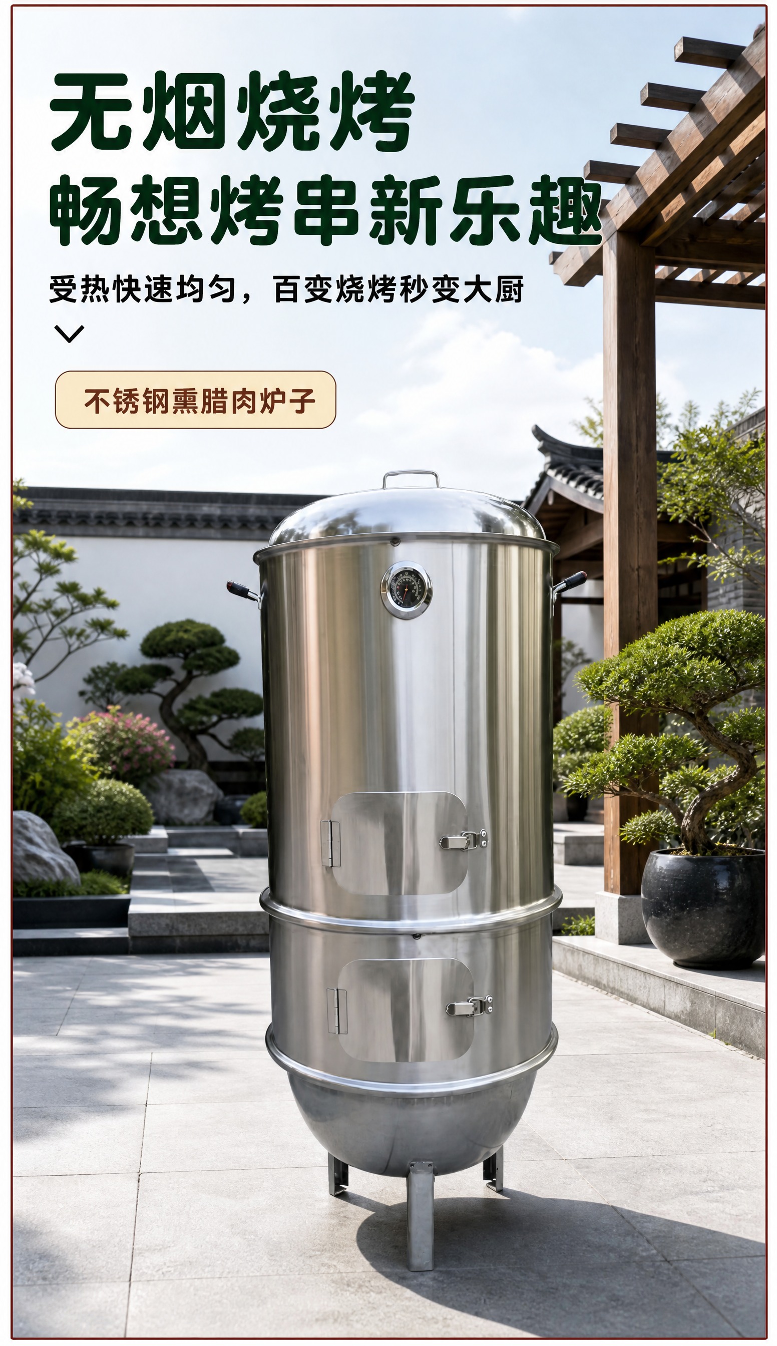 对这张不锈钢熏肉炉详情页场景页做防比价重绘：产品炉子外观、结构… - 图片创意预览