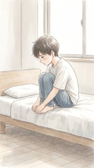 竖屏9:16，治愈系漫画插画风，卧室安静场景，男孩坐在床边抱着膝盖，神情难过但克制，房间简单整洁，柔和暖灰色光线，画面安静低落，侧面近景构图，突出男孩脆弱的一面，画面干净，不要文字，不要logo，不要预览效果