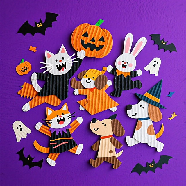 卡通风格，超级欢乐的万圣节气氛，一群拟人化的动物在玩的组合，紫色背景