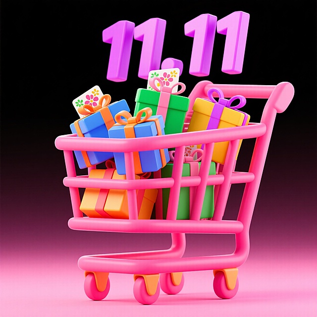 软3D风格购物车满载缤纷礼盒，搭配梦幻粉紫渐变背景，突出11.11促销主题，营造甜美可爱又充满双11节日氛围的视觉体验。