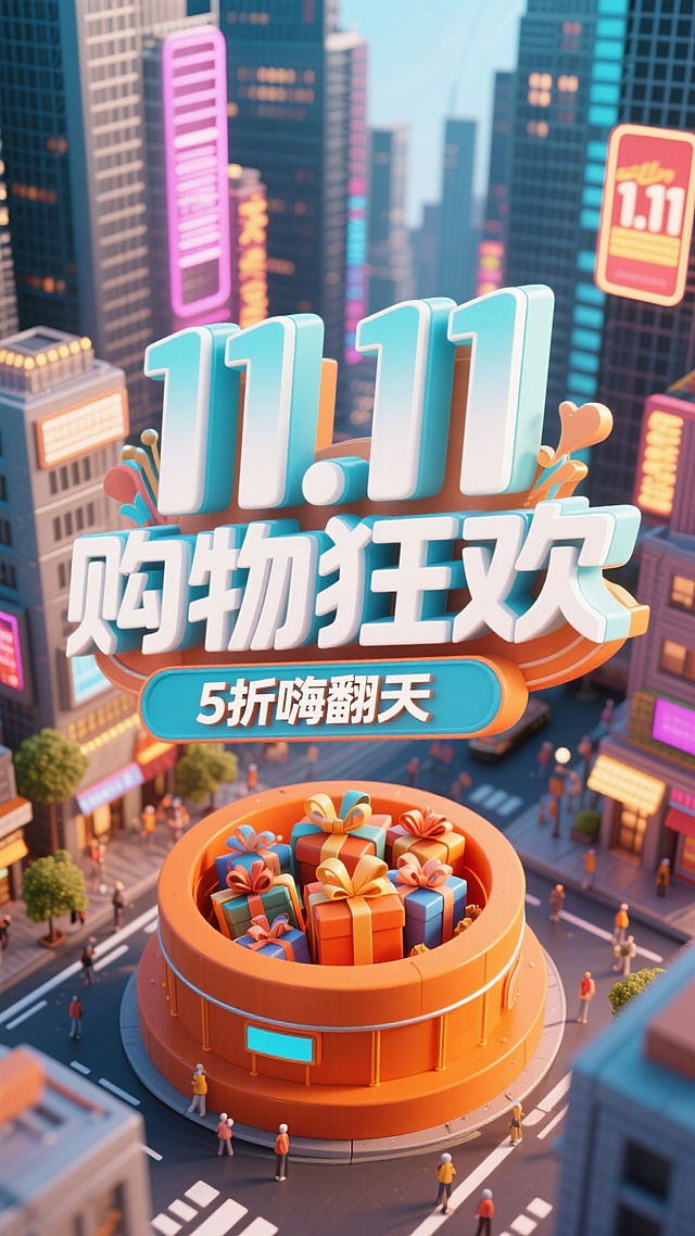 以蓝色为主色调，前景是立体字组成的醒目建筑， “11.11购物狂欢” 立体大字（白与浅蓝渐变，配装饰）及下方 “5 折嗨翻天” 横幅；中间有橙色圆形装置（内有礼物）；背景是繁华都市