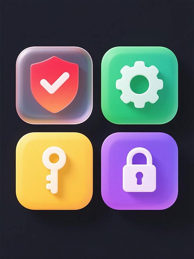 一组四个规整排布的方形图标，每个图标采用相同的现代3D半透明渐变风格，具有光滑圆润的边缘、清晰的高光和微妙的阴影效果，纯色背景。第一个图标为红色渐变盾牌内白色对勾，第二个图标为绿色渐变圆形内白色齿轮，第三个图标为黄色渐变方形内白色钥匙，第四个图标为紫色渐变六边形内白色锁形图案，整体保持统一的设计语言和视觉权重，形成协调的系列素材集合。