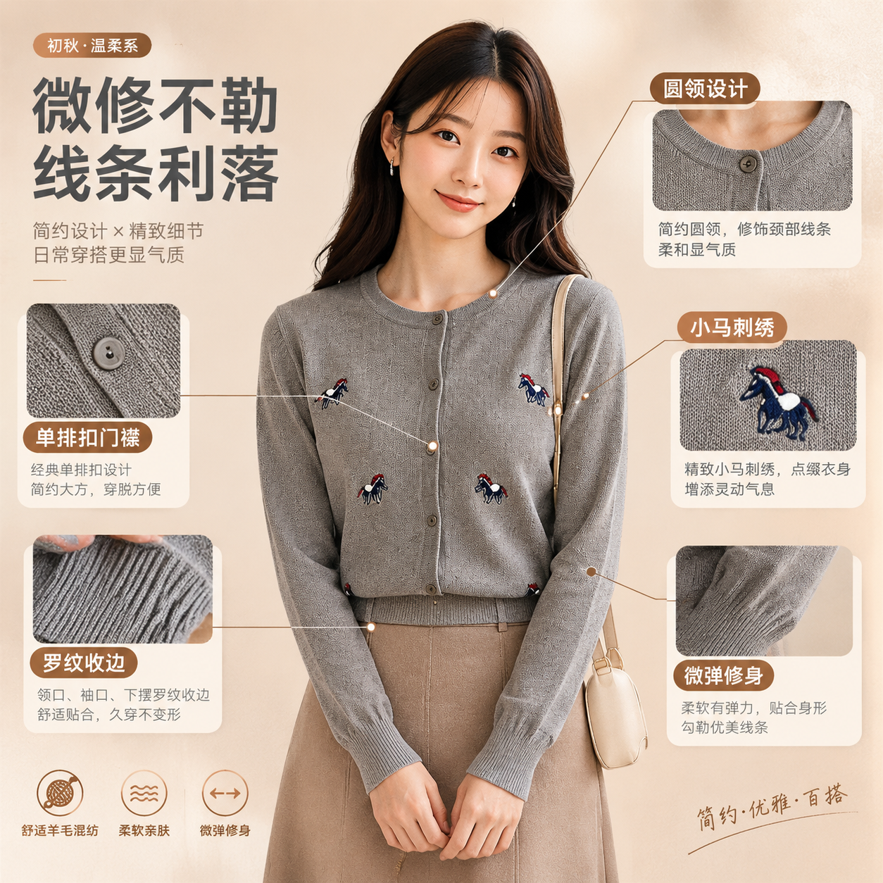 [商品] 使用【图3】灰色小马刺绣羊毛混纺开衫；商品处理：保留… - 图片创意预览