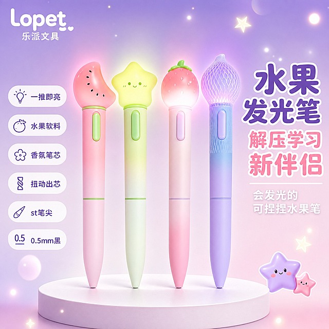 [主图-1] 产品全家福首图，展示Lopet乐派文具4款水果发光中性笔（西瓜款、星星款、草莓款、山竹网套款），突出产品身份和可爱治愈风格。
[统一基调] 整体风格：清新马卡龙治愈风，学生文具向，软萌发光+解压可爱；背景主色：浅紫渐变+柔光斑点点缀；标题字色：深紫主标题+白色副标题+粉色强调色；字体样式：圆润无衬线中文字体；组件样式：圆角胶囊标签、软萌图标、柔和阴影；品牌Logo：Lopet乐派文具放左上角安全区。
[画面] 4款发光中性笔（粉色西瓜款、绿色星星款、粉白草莓款、紫蓝山竹网套款）整齐排列在画面中央，笔身竖直站立，每款笔的灯头都发出柔和的对应色光芒，光晕自然扩散。产品占画面约65%，正面平视视角。左上角放置Lopet乐派文具品牌Logo。左侧竖排排列6个圆角胶囊形卖点标签：一推即亮、水果软料、香氛笔芯、扭动出芯、st笔尖、0.5mm黑。右侧大标题主文案：水果发光笔 解压学习新伴侣，副标题：会发光的可捏捏水果笔。底部白色圆形展台承托，展台有柔和投影。背景为浅紫到淡粉的渐变，点缀星星光斑和柔光球，营造梦幻发光氛围。
[光影质感] 商业产品精修摄影质感，主光从前方偏上打，笔身有柔和高光，灯头发光效果自然真实，底部有接触阴影，整体通透干净有质感。
[配色] 主色：浅紫淡粉渐变背景；强调色：马卡龙粉、绿、紫、橙；文字：深紫标题+白色辅助+粉色标签。
[文字版式] 左上角品牌Logo；左侧竖排卖点标签（圆角胶囊，白底深紫字）；右侧主标题大字号粗体，副标题小一号；文字均不遮挡产品主体。
[输出要求] 比例1:1，2048x2048，文字清晰可读，产品清晰不变形，无错字，无水印，无平台Logo，无杂乱元素。