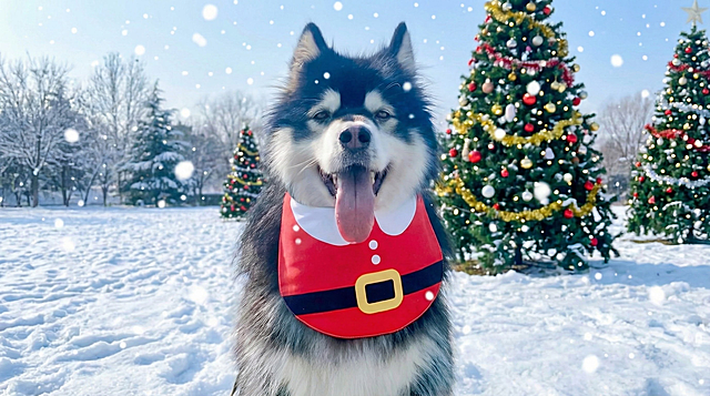 以图中的狗狗围兜为元素,狗狗戴上围兜,物体主体特征不变,设计6张跟狗狗围兜有关的图。比例 「16:9」