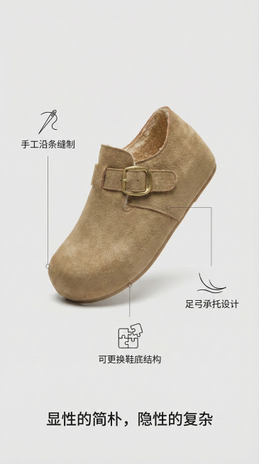 视觉：中心构图，背景为干净的浅灰色。

画面：一只鞋子以45度角悬浮（或置于透明亚克力架上），旁边以线条图或极简爆炸图的形式，解构其三大核心工艺点，并用细线连接至实物对应部位：

手工沿条缝制：图标（预览效果