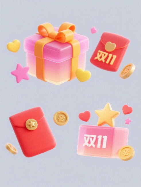 一套4个规整排布的电商营销素材，整体采用简约现代风格，纯色背景，无任何文字、logo及水印。第1个为原素材：一个粉色渐变礼盒，顶部系着橙黄色蝴蝶结，礼盒周围环绕着红色红包（带有金色星形扣子）、粉色星形装饰、黄色心形装饰和金色星形金币，所有元素边缘有柔和高光，整体呈现出明亮欢快的氛围，光影柔和，色彩过渡自然，具有半透明的果冻质感。第2个变体：保持原礼盒和红包、星形、心形、金币元素的造型与色彩风格……预览效果