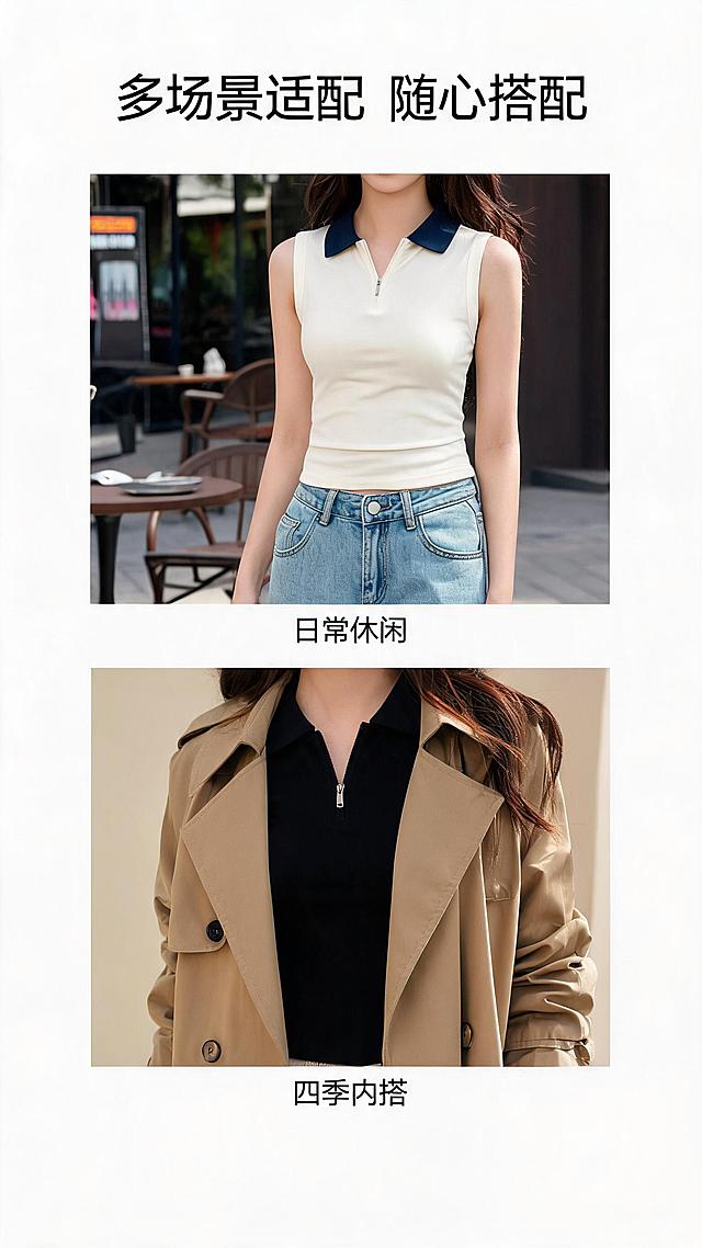 「图片1」，生成一套详情页，商品名称为无袖Polo领瑜伽背心，适配京东平台，单图比例为9:16，需求屏数为8张。「图片1」「图片1」「图片1」「图片1」BUBLELAND 撞色 Polo 半拉链无袖运动背心 抖音完整版详情上架文案
产品基础参数：撞色翻领半拉链无袖运动上衣；面料锦纶 92%+ 氨纶 8%；四色可选：浅天蓝（藏青领）、炭灰（米白领）、奶白（藏青领）、纯黑（同色领）；侧边收腰、腋下透气网孔、修身短款版型
1. 产品名称｜引流大标题（自带平台搜索热词）
主引流标题（搜索流量置顶）
Polo 领无袖运动背心女 半拉链撞色修身速干网球上衣 瑜伽普拉提显瘦健身马甲
种草副标题（转化辅助）
轻运动通勤无袖 T 恤 遮拜拜肉收腰短款透气高尔夫健身罩衫
2. 核心卖点 & 痛点（5 组硬核卖点一一对应穿搭痛点，直击微胖 / 小个子 / 易出汗 / 怕走光 / 易变形人群）
卖点 1：撞色 Polo 翻领 + 半开调节拉链，兼顾得体与防走光
痛点：普通低领运动背心弯腰、抬手容易走光，通勤单穿过于暴露；圆领健身上衣风格单调，缺少日常穿搭氛围感
卖点 2：锦纶 92%+8 高弹氨纶速干透气面料，久穿不闷汗粘身
痛点：夏季户外打球、通勤久坐后背闷汗，棉质面料吸汗后厚重贴身，爱出汗人群后背闷出泛红瘙痒
卖点 3：腋下拼接透气网眼无袖剪裁，遮挡拜拜肉不勒手臂
痛点：细窄吊带完全暴露腋下赘肉，普通无袖剪裁紧绷勒副乳，大幅度抬手健身、打球束缚感强
卖点 4：双侧立体收腰短款弧形下摆，藏小腹拉高身材比例
痛点：直筒宽松运动马甲压个子，小个子穿出五五分；苹果腰腹有赘肉，平直下摆完全暴露腰上肉肉
卖点 5：高密锁色无痕织造，久洗不易发白、松弛变形
痛点：平价运动无袖洗几次就拉长垮塌，领口翻边变形，深色款大面积褪色发白，穿一季版型彻底走样
3. 适用人群分层
①核心主力人群（成交占比 60%+）
25-35 岁精致宝妈、都市新锐白领
需求：运动通勤双向适配，不用频繁更换衣物，简约撞色低调高级，遮肉不暴露，下班健身、周末遛娃一衣多用，兼顾体面与舒适
②细分运动爱好者
瑜伽 / 普拉提人群：高弹面料舒展无束缚，翻领版型拍照精致，不浮夸
网球 / 高尔夫户外人群：速干网孔面料透气排汗，无袖设计抬手挥拍无阻碍
慢跑 / 健身房人群：宽松袖笼不勒手臂，修身收腰显瘦，日常有氧力量训练都适配
③全维度身材适配
小个子：短款弧形下摆上提腰线，纵向拉长腿部线条，告别五五分
梨形身材：上半身修身剪裁平衡胯宽视觉，弱化下半身厚重感
苹果型身材：双侧收腰收紧腰腹，遮挡小腹赘肉，吃饱饭也不会紧绷勒肉
有拜拜肉：加宽无袖袖笼遮盖手臂多余肉肉，弱化粗壮线条
微胖女生：高弹包容面料不贴肤紧绷，立体剪裁修饰身形，不显臃肿
④次要人群
18-24 在校学生：低饱和柔和配色，体育课、校园日常、球场穿搭百搭
36 + 轻熟女性：沉稳纯色简约内敛，适配轻运动、散步、短途出行，气质温柔大方
4. 四大细分场景 + 专属搭配方案
①专业运动场景｜网球 / 高尔夫 / 瑜伽 / 慢跑 / 健身房
搭配：同色系高腰速干瑜伽裤 + 防滑运动袜 + 缓震运动鞋；户外可外搭轻薄冰丝防晒开衫
优势：腋下网眼加速排汗，半拉链自由调节领口，大幅度挥拍、拉伸无束缚，速干面料出汗不贴身
②职场通勤场景｜写字楼、外勤、轻商务洽谈
搭配：垂感冰丝西装阔腿裤 / 直筒烟管裤 + 低跟乐福鞋，外搭短款针织小西装
优势：Polo 领弱化运动属性，得体不露肤，通勤结束直接奔赴健身房，无需更换上衣
③日常休闲场景｜遛娃、咖啡约会、逛街出行
搭配：高腰牛仔短裤 / 垂感针织半身裙 + 帆布托特包 + 小白鞋；降温叠加宽松薄款针织开衫
优势：撞色设计自带松弛氛围感，短款版型显腿长，弯腰带娃、久坐逛街无束缚
④四季内搭场景｜春秋冬季叠穿打底
搭配：秋冬内搭长款风衣、宽松卫衣、针织马甲；春季搭配轻薄防晒衬衫
优势：轻薄修身不臃肿，基础翻领叠穿外套不鼓包，四季万能内搭，适配各类外套版型
5. 详情科普四大专业知识点（可直接做长图详情文字）
①面料工艺科普｜锦纶 92%+ 氨纶 8% 高弹速干配比
速干裸感原理：高密锦纶纤维自带疏水透气微孔，运动汗液快速导出面料表层挥发，不会闷湿粘肤；8% 氨纶提供柔和均匀弹力，拉伸后缓慢回弹，不紧绷勒身
网眼拼接织造工艺：腋下镂空网孔分区透气，针对性解决腋下出汗闷热；全身无痕平缝车线，接缝平整无凸起，贴肤不磨肋骨、腋下
附加实用属性：面料自带物理轻微防晒力，户外网球、慢跑减少紫外线直射；抗起球纤维织造，长期摩擦健身器械不易起毛球；哑光雾面质感，不透肉，微胖人群单穿无尴尬
②人体剪裁工学科普
撞色 Polo 小翻领 + 半开拉链：可自由调节领口开合度，低头、俯身双重防走光；翻领修饰斜方肌，视觉拉长脖颈线条
加宽无袖袖笼剪裁：袖长落在大臂中段，完整遮盖拜拜肉，抬手不勒腋下，弱化手臂粗壮感
双侧立体收省结构：衣身两侧隐形收褶，收紧腰腹线条，不紧绷勒肉，精准遮挡小腹赘肉
短款弧形下摆：前短后长柔和弧形，纵向拉长腿部比例，适配小个子，不会压身高
③三套多场景成套穿搭技巧
方案 1：成套健身运动穿搭（球场 / 瑜伽专用）
同色系高腰速干瑜伽裤 + 本款 Polo 无袖背心 + 纯色运动发带，同色系极简高级，球场、瑜伽馆拍照出片效果出色
方案 2：干练通勤穿搭（职场专用）
黑色 / 炭灰背心 + 灰色垂感西装阔腿裤 + 黑色短款小西装，低调通勤风，下班直接健身，无需额外更换上衣
方案 3：松弛休闲穿搭（遛娃逛街）
浅天蓝 / 奶白背心 + 浅蓝色高腰牛仔短裤 + 浅色系薄针织开衫，温柔韩系松弛感，约会、带娃舒适耐看
④洗护保养小贴士（防掉色、防变形延长穿着周期）
洗涤水温：30℃以下冷水轻柔手洗 / 洗衣机轻柔模式，禁止热水浸泡，高温会破坏锦纶弹力纤维，造成面料松垮、深色褪色发白
洗涤方式：使用中性运动衣物专用洗衣液，禁止漂白剂、强碱性洗衣粉；单次浸泡时长不超过 10 分钟，避免面料固色层受损
晾晒禁忌：通风阴凉处平铺阴干，禁止长时间阳光暴晒，紫外线会加速面料老化发黄；不可悬挂拉扯领口、衣身，防止翻领变形、衣长拉长
防变形收纳：洗涤后轻轻按压挤出水分，不要大力拧绞；收纳时平铺折叠，避免长期悬挂拉伸衣身，长久保持原版修身版型