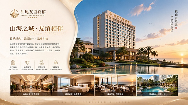汕尾友谊宾馆酒店介绍页，高端简约排版，介绍酒店历史与环境，搭配高端大气的配图，16:9比例，高级质感设计