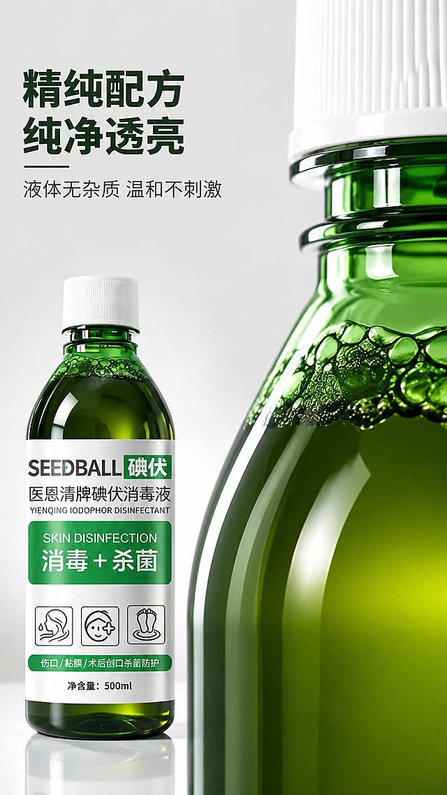 [主图-3] 碘伏消毒液品质细节展示图。[氛围风格] 专业通透质感风格，真实细腻。[画质] 商业摄影质感、光线柔和通透、产品清晰真实、画面干净高级。[元素] 画面右侧展示碘伏瓶身颈部液体局部微距特写，可以看到清透的深绿碘伏液体和瓶身玻璃质感，左侧是完整的碘伏产品摆放。保持碘伏产品外观（即物理结构、材质质感、颜色）与输入产品图绝对一致，杜绝任何变形和色差，精细化处理。微距特写区域放大展示液体清透无杂质的特点，突出产品纯净品质。[光影] 使用侧逆光突出液体通透感，光线穿过碘伏液体呈现自然深绿渐变，瓶身玻璃质感有柔和高光，阴影过渡自然。[配色] 背景为浅灰白色，主体绿色突出，整体干净通透，突出液体纯净质感。[视角构图] 左侧产品完整展示+右侧微距特写的二分构图，主次分明，细节突出。[文字版式] 左上角标题「精纯配方 纯净透亮」深绿色粗体，下方小字「液体无杂质 温和不刺激」深灰色，不遮挡产品主体。[输出要求] 9:16比例，文字清晰锐利，超高清商业摄影质感。[负向提示词] 变形，文字错乱，产品图模糊，背景杂乱，水印，电商平台Logo，绝对化违禁用词