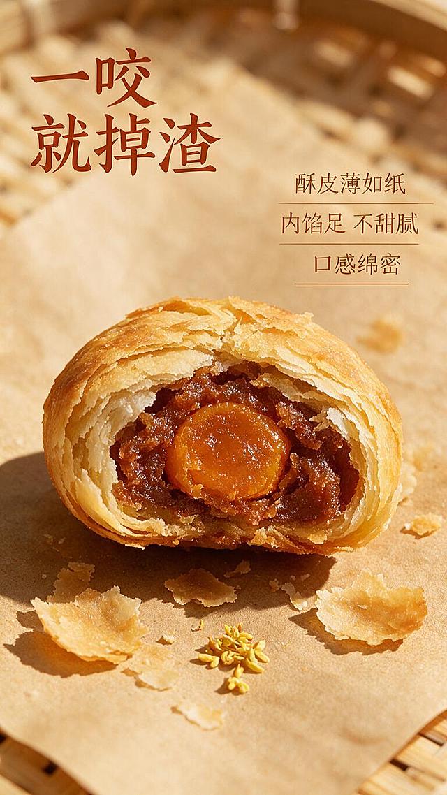 [第3张] 详情页口感质地页-黄庄酥皮月饼切开剖面特写。本张使用【图1】作为产品外观参考，生成月饼切开后的真实剖面效果。
[氛围/风格] 农家烟火风格，自然光实拍质感，暖黄色调，高清写实美食摄影，真实实拍风，微距质感，无卡通元素无浮夸特效。
[元素布局] 画面中央为一块被掰开的酥皮月饼，占比约50%；酥皮层层剥落，碎屑散落于下方牛皮纸上；内馅饱满油润，可清晰看到馅料纹理（蛋黄口味露出咸蛋黄油润质感）；周围散落3-4片酥皮碎屑、一小撮干桂花；背景为虚化的竹编垫和暖黄光晕；月饼整体形态与输入产品的苏式酥皮月饼特征一致。
[光影质感] 侧上方暖光照射，酥皮层次明暗对比强烈，内馅有油润高光，碎屑边缘清晰，整体温暖有食欲。
[配色色系] 全局底色 #EED9A8 暖金黄；主色酥皮金黄、内馅棕红；辅助色牛皮纸棕、桂花黄。
[视角构图] 45°微俯视微距特写，月饼剖面为绝对视觉中心；阅读动线从左上标题 → 中央月饼 → 四周短句卖点。
[文字版式] 左上角主标题「一咬就掉渣」，温润宋体，红棕色；右侧竖排三个短句卖点分块：「酥皮薄如纸」「内馅足 不甜腻」「口感绵密」，每句单独成行，棕色字体，配细横线分隔，松弛排版。
[比例分辨率] 9:16 竖版比例，1K分辨率，文字清晰可辨，高清画质。
[负向提示词] 变形，水印，文字错乱，文字过小，卡通元素，浮夸特效，纯天然，纯手工，非遗字样，过度PS，塑料感。