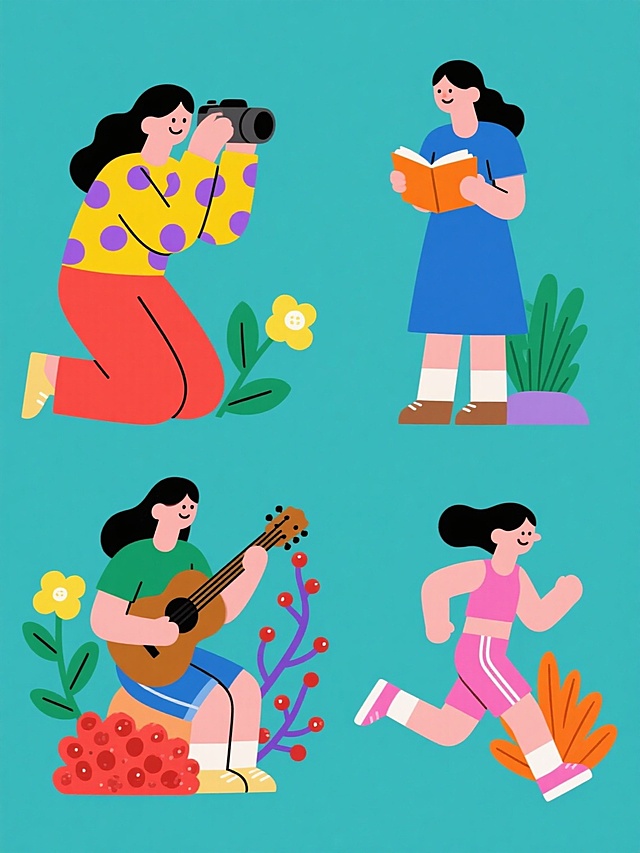 扁平化插画风格，纯色背景，四个不同造型的女性人物插画系列素材集合，规整排布。每个女性人物保持相同的艺术风格：简约的线条，平面化色彩，无渐变光影，边缘清晰。第一个人物手持相机半蹲拍摄，穿着黄色带紫色斑点上衣和红色裤子；第二个人物站立阅读书籍，穿着蓝色连衣裙；第三个人物坐姿弹奏吉他，穿着绿色T恤和牛仔短裤；第四个人物跑步姿态，穿着粉色运动服。每个角色旁都有不同的植物元素：第一幅是黄色花朵和绿色叶子，第二幅是紫色藤蔓，第三幅是红色浆果灌木，第四幅是橙色多肉植物。整体构图对称平衡，色彩明快鲜艳，人物造型简洁可爱，系列感统一，适合作为海报或宣传素材使用。
