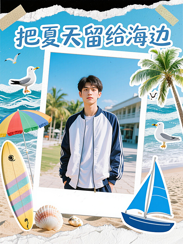 清新撕纸风设计，手账元素点缀，夏日海边场景，带来清爽视觉享受。