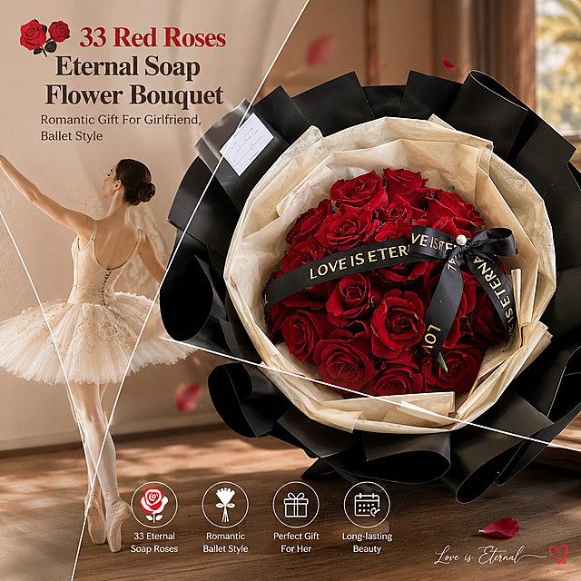 Main product image for cross-border e-commerce, 800X800, non-white background, highlight English text "33 Red Roses Eternal Soap Flower Bouquet, Romantic Gift For Girlfriend, Ballet Style", keep original product unchanged, use slice effect design, do not cut product, highlight product features