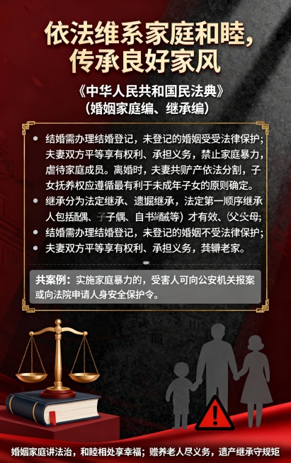 高116cm宽73cm竖版：依法维系家庭和睦，传承良好家风
一、核心法律依据：《中华人民共和国民法典》（婚姻家庭编、继承编）
二、关键知识要点：
•结婚需办理结婚登记，未登记的婚姻不受法律保护；夫妻双预览效果