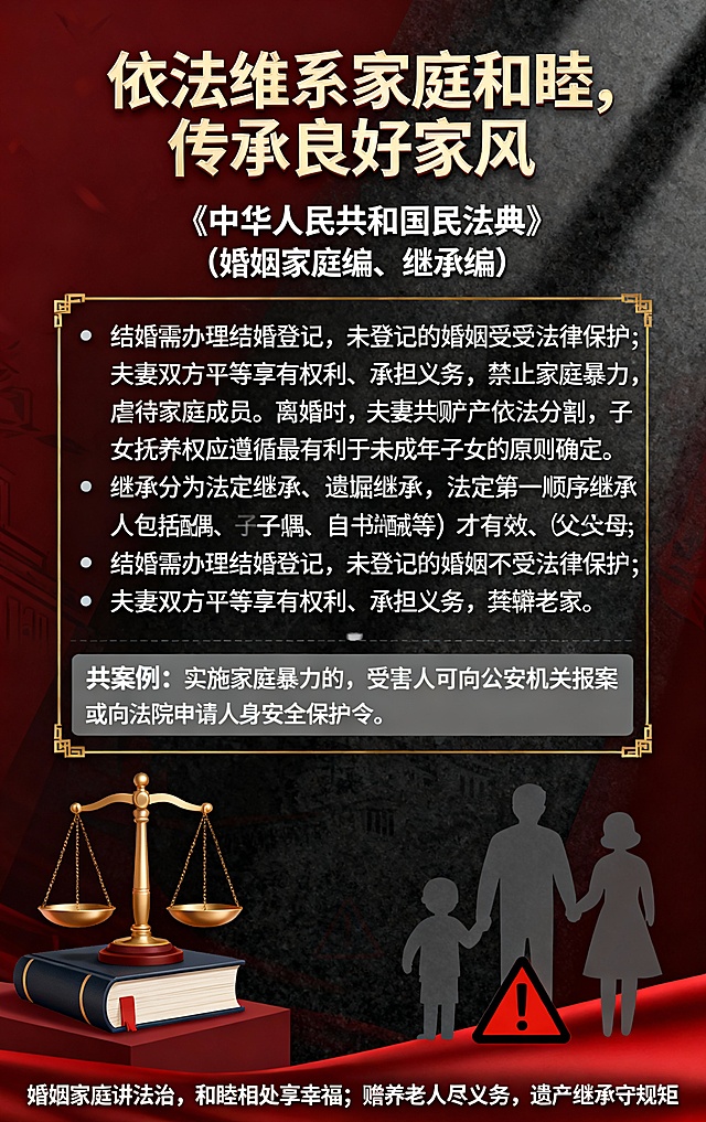 高116cm宽73cm竖版：依法维系家庭和睦，传承良好家风
一、核心法律依据：《中华人民共和国民法典》（婚姻家庭编、继承编）
二、关键知识要点：
•结婚需办理结婚登记，未登记的婚姻不受法律保护；夫妻双方平等享有权利、承担义务，禁止家庭暴力、虐待家庭成员。
•离婚时，夫妻共同财产应依法分割，子女抚养权应遵循最有利于未成年子女的原则确定。
•继承分为法定继承、遗嘱继承，法定第一顺序继承人包括配偶、子女、父母；遗嘱需符合法律规定的形式（公证遗嘱、自书遗嘱等）才有效。
•赡养老人是法定义务，子女不得以任何理由拒绝履行赡养责任。
三、典型案例提示：实施家庭暴力的，受害人可向公安机关报案或向法院申请人身安全保护令。
四、普法标语：婚姻家庭讲法治，和睦相处享幸福；赡养老人尽义务，遗产继承守规矩