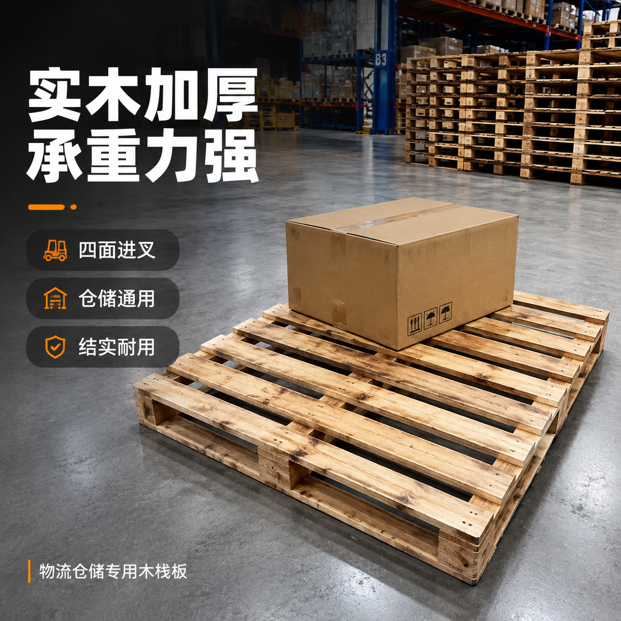 [主图-1] 实木叉车托盘首图，突出承重力强与仓储物流通用的核… - 图片创意预览
