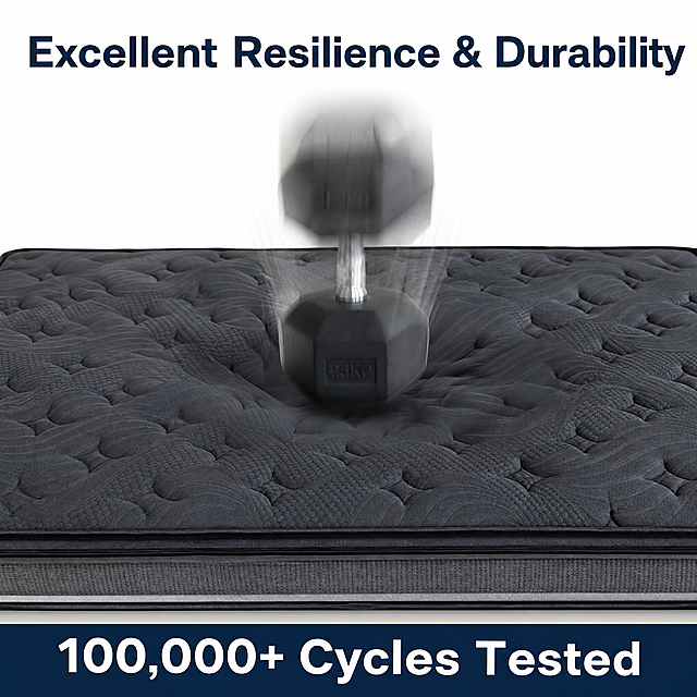 [主图-6] Motion test of mattress resilience. Show a heavy dumbbell dropped on the mattress, capture the moment of rebound with motion blur effect, the surface deforms slightly and bounces back quickly. Keep the mattress fabric and color consistent with input image. Title top: 'Excellent Resilience & Durability', text bottom: '100,000+ Cycles Tested'. All text in English, conforms to Amazon specification. 1:1 square, commercial dynamic product photography, 2K high definition, no Chinese characters.