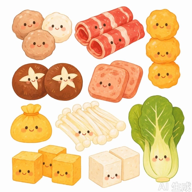 参考原图片可爱拟人化火锅食材插画风格，重新生成相同内容的画面，保持食材种类和构图不变，维持卡通笑脸萌系画风，暖色调手绘质感预览效果