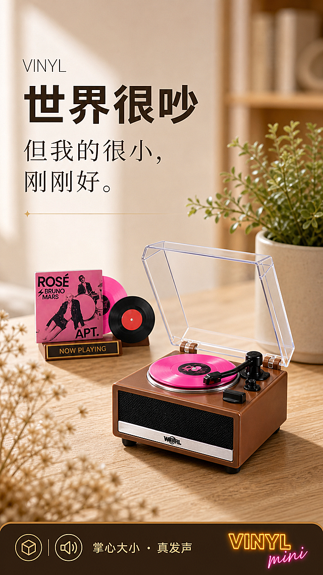 [第1屏] 详情页头图——VINYL迷你黑胶唱片机首屏海报，核心情绪文案“世界很吵，但我的很小，刚刚好”。[氛围/风格] 温馨居家实景风+复古潮玩质感，柔光商业摄影，画面静谧有呼吸感；背景为浅暖木纹桌面（#F5F0E6），左侧留白充足，右侧产品主体突出。[元素布局] 使用【图2】作为主场景底图：棕色迷你唱机置于木质桌面右下1/3区域，透明亚克力盖微开，粉色黑胶正在旋转，唱针轻触碟面；前景左下角添加干花枝条虚化点缀，中景右侧放置小绿植盆栽，背景虚化米白墙面与书架轮廓；产品占比约65%，结构完整：机身棕木纹+银色饰条+黑色网罩扬声器+可动唱臂，与输入图一致; 唱片立架与“NOW PLAYING”标牌置于唱机后方偏左。[光影质感] 主光来自左上方45°柔光箱，照亮唱机顶部与唱臂金属件，形成细腻高光；右下方投下自然阴影，增强立体感；黑胶表面有环形反光，体现真实材质。[配色色系] 全局底色#F5F0E6（浅暖木）；主体：#8B4513（棕机身）、#FF69B4（粉胶）、#000000（网罩/唱臂）；辅助：#D2B48C（木桌）、#90EE90（绿植）、#FFD700（标牌金边）。[视角构图] 正面微俯视15°，产品居右下，视线引导从左上标题→产品→右下细节；阅读动线呈Z字形。[文字版式] 左上区域：主标题「世界很吵」黑体加粗，字号占宽10%；副标题「但我的很小，刚刚好」细宋字体，字号8%，两行居左对齐；标题下方留白处加极细金色分隔线；底部信息条（高度12%）：左侧图标+「掌心大小 · 真发声」，右侧「VINYL mini」霓虹灯效小字。[比例分辨率] 9:16竖版，4000×7111像素，4K超清，文字边缘锐利无锯齿。[负向提示词] 产品变形、缺件（如无唱针/无盖）、颜色偏差（棕变红/粉变紫）、水印、文字错乱、背景杂乱、多个人物、二维码、绝对化用语。