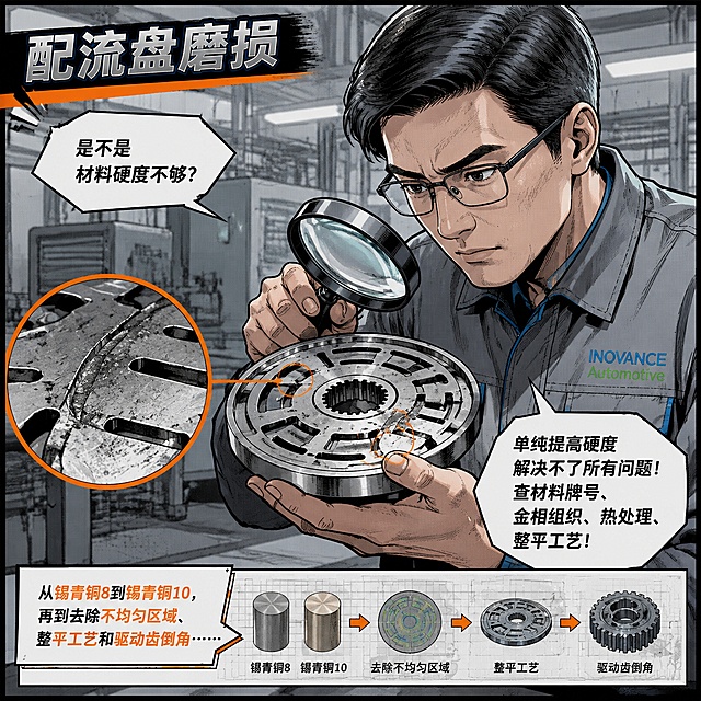 工业漫画风格单格插画，公众号文章配图。场景八【配流盘磨损】：特写配流盘的磨损表面，磨损处用警示橙圈出。戴眼镜的工程师一只手拿放大镜检查，另一只手托着配流盘，表情专注严肃。工程师工服胸口印有汇川联合动力Logo——上方蓝色"INOVANCE"，下方绿色"Automotive"。画面左上角标题"配流盘磨损"。对话气泡：团队成员画外音"是不是材料硬度不够？"，工程师"单纯提高硬度解决不了所有问题！查材料牌号、金相组织、热处理、整平工艺！"，底部旁白"从锡青铜8到锡青铜10，再到去除不均匀区域、整平工艺和驱动齿倒角……"。冷灰主色调+警示橙+蓝绿点缀，硬朗线条，画面精致，人物手部正常，细节清晰