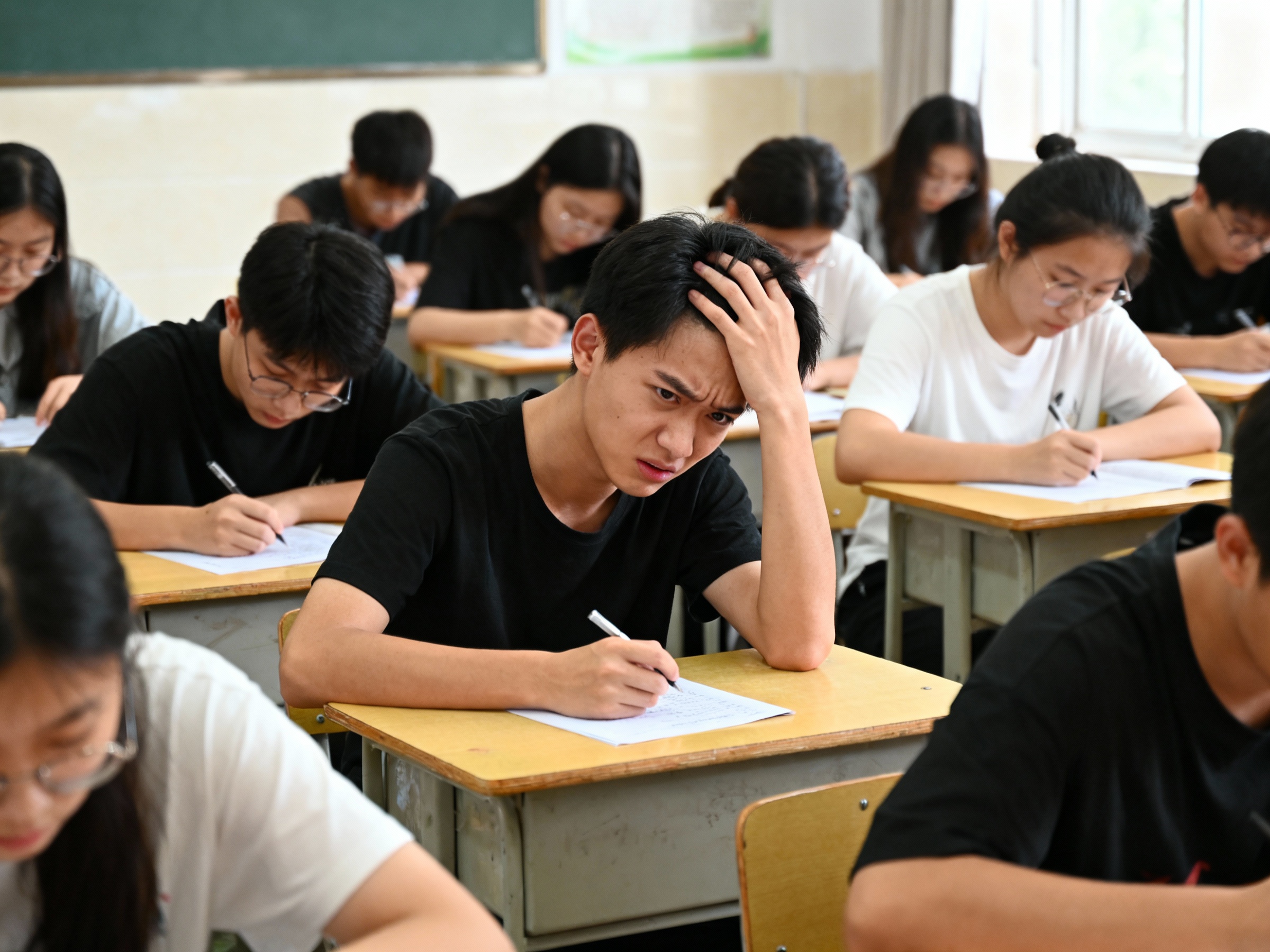 英语考试现场，学生摸着头发愁 不会 - 图片创意预览