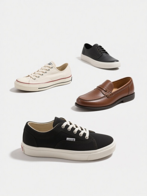 一组4个不同配色、不同样式、不同材质的「鞋」元素，采用干净简约的白底产品摄影风格，高清晰度，柔和均匀的顶光照明，无明显阴影，物体边缘清晰锐利，符合现实逻辑的鞋子结构与比例，适合作为素材使用，包含帆布鞋、运动鞋、皮鞋、休闲鞋等多样化款式，色彩搭配协调且各具特色，鞋面材质细节真实可辨，整体画面简洁通透，无任何文字、LOGO、二维码及多余装饰元素。预览效果