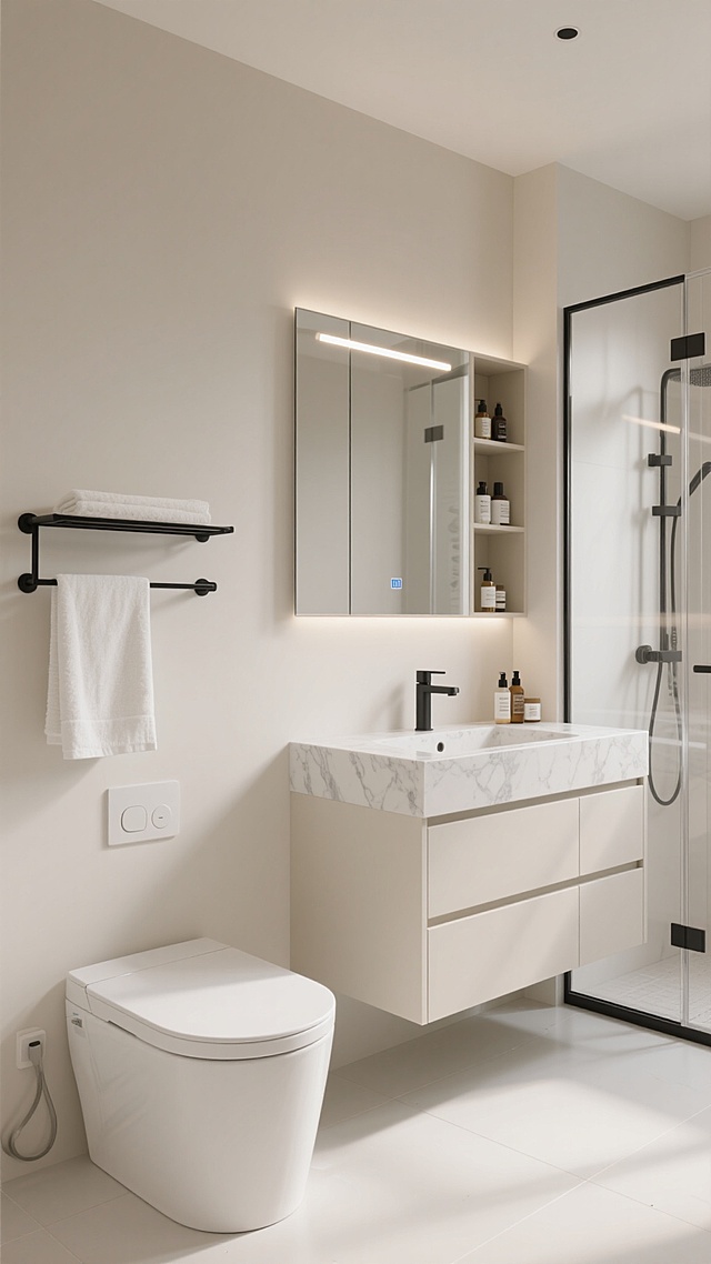 极简主义风格卫生间，米白色调墙面与地面，柔和自然光，高光细腻的白色马桶，嵌入式米白色浴室柜配大理石台面，上方带LED灯的长条形镜面柜，壁挂式黑色金属毛巾架挂着白色毛巾，左侧透明玻璃淋浴房，柜内及台面摆放洗护用品，整洁有序的空间布局，简约现代的设计感，不同场景下的卫生间内部摆设，强调空间的通透感与收纳功能，干净利落的线条，舒适明亮的氛围