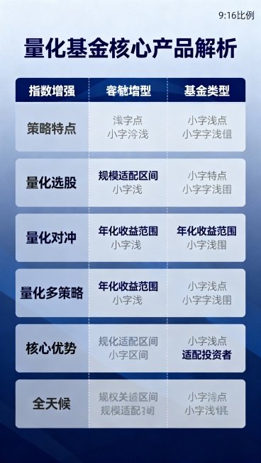 量化基金核心产品类型与规模适配全解析
量化基金以数学模型为核心、计算机算法为驱动，摆脱主观情绪干扰，通过系统性策略捕捉市场机会。不同产品类型的策略逻辑、风险收益属性差异显著，而产品规模又与策略容量深度预览效果