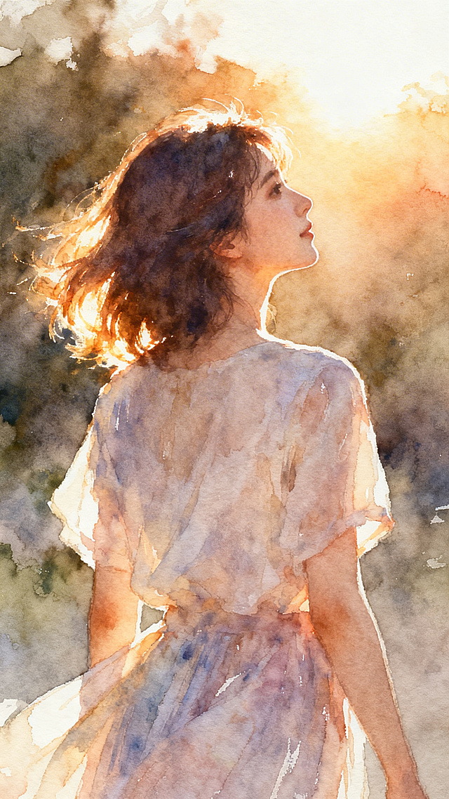 水彩风格，轻松的女性背影，面向温暖的阳光，氛围治愈惬意