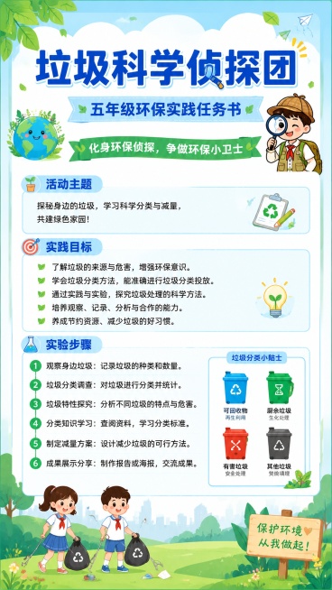 小学生五年级环保实践活动海报，风格活泼清新，儿童友好。画面顶部居中是二号加粗蓝色主标题"垃圾科学侦探团"，副标题"五年级环保实践任务书"，浅蓝色底条的板块小标题展示核心内容：活动主题、实践目标、实验步预览效果